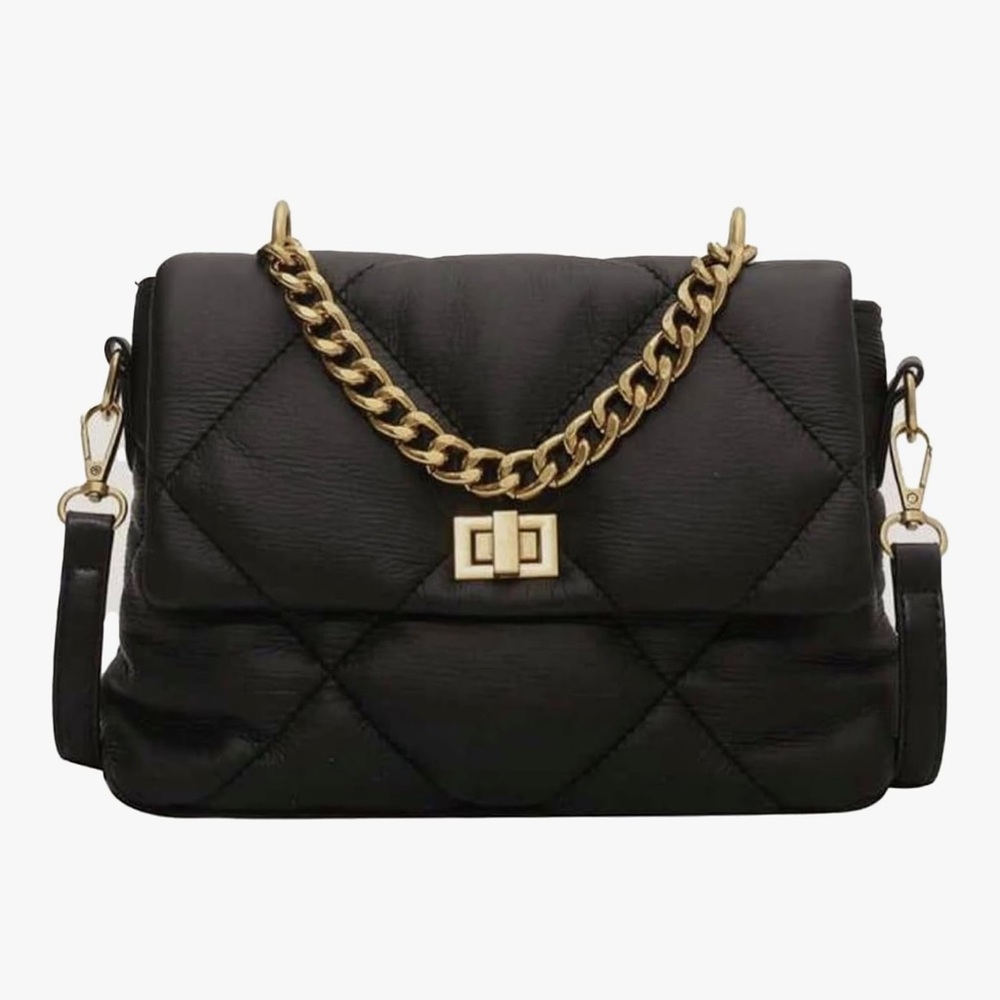 Quilted Vegan Leather Satchel Crossbody Bag with Chain Handle